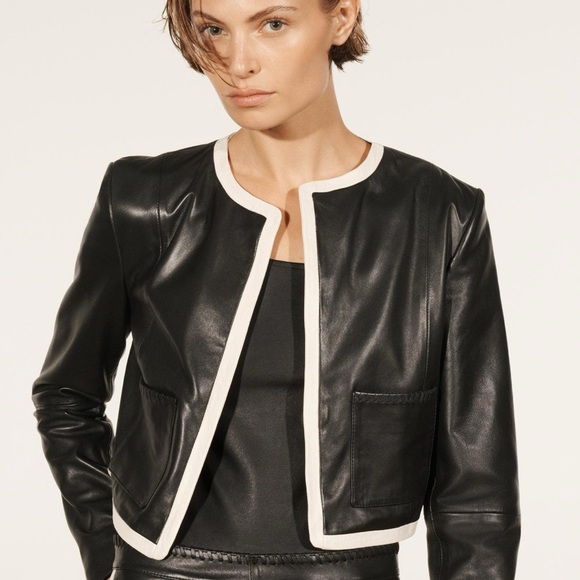 ZARA CROPPED LEATHER BLACK/ECRU COLOR JACKET LIMITED EDITION bloggers favorite - Picture 1 of 9